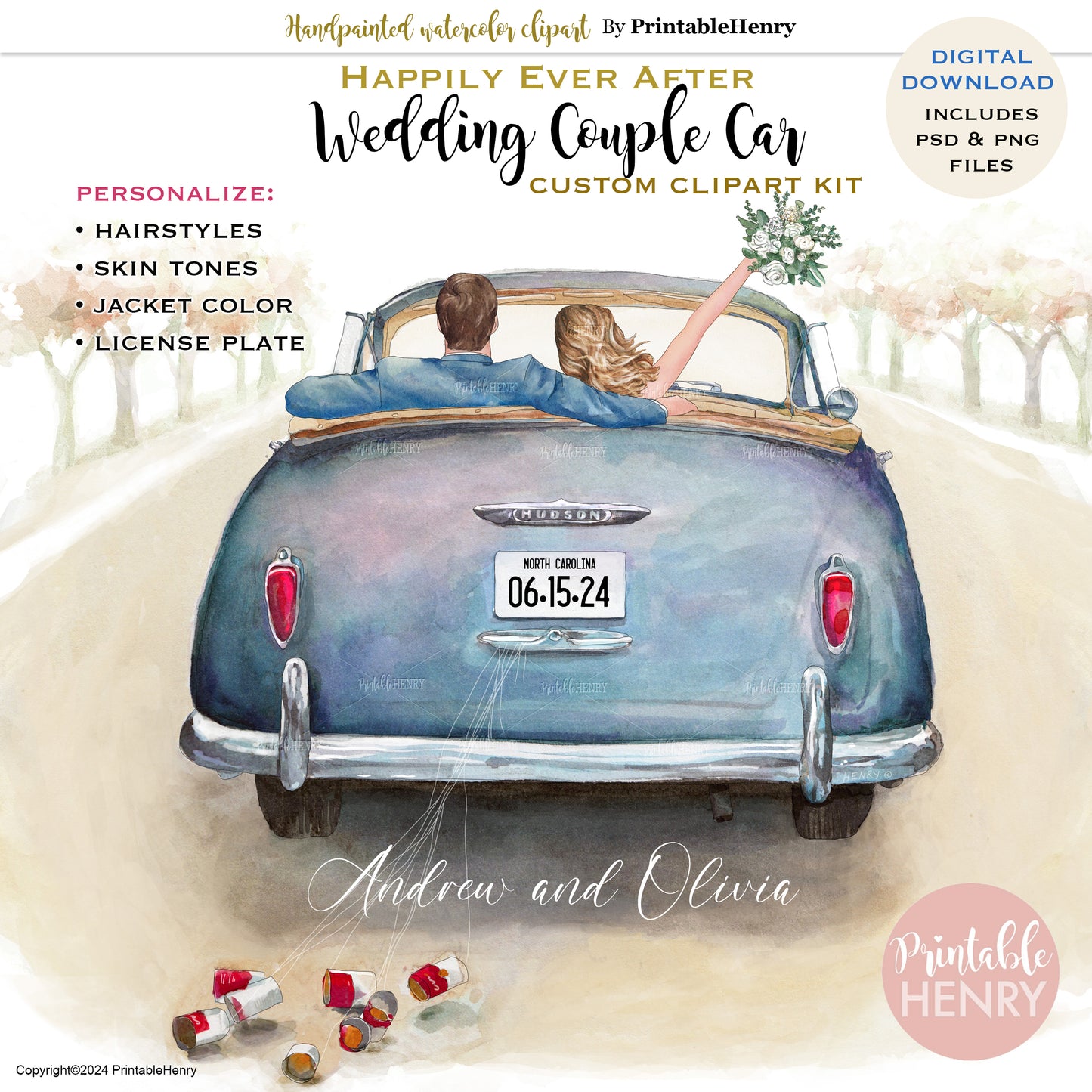 Customizable Just Married Car Clipart for DIY Wedding Portraits
