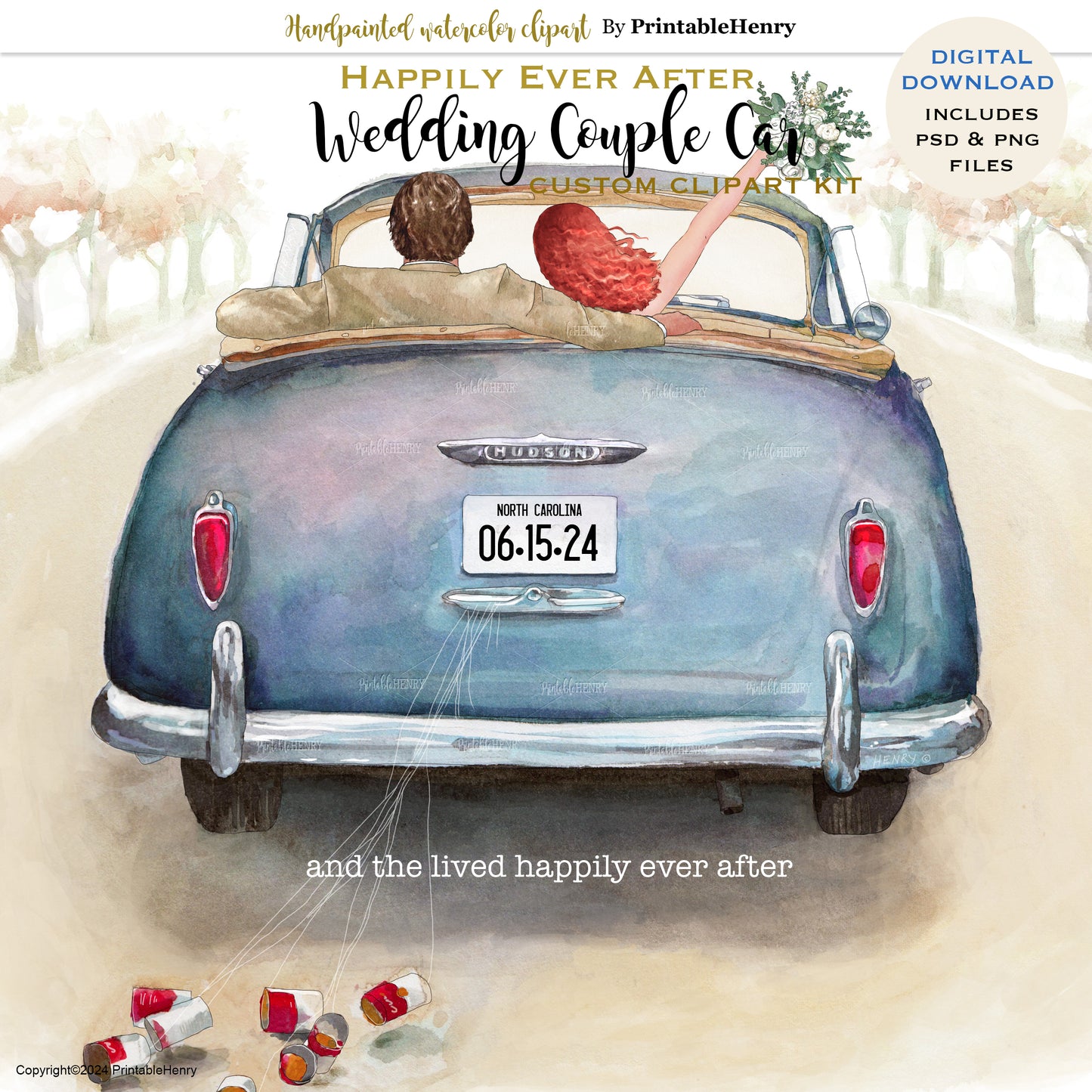 Wedding Couple Drive Away Watercolor clipart