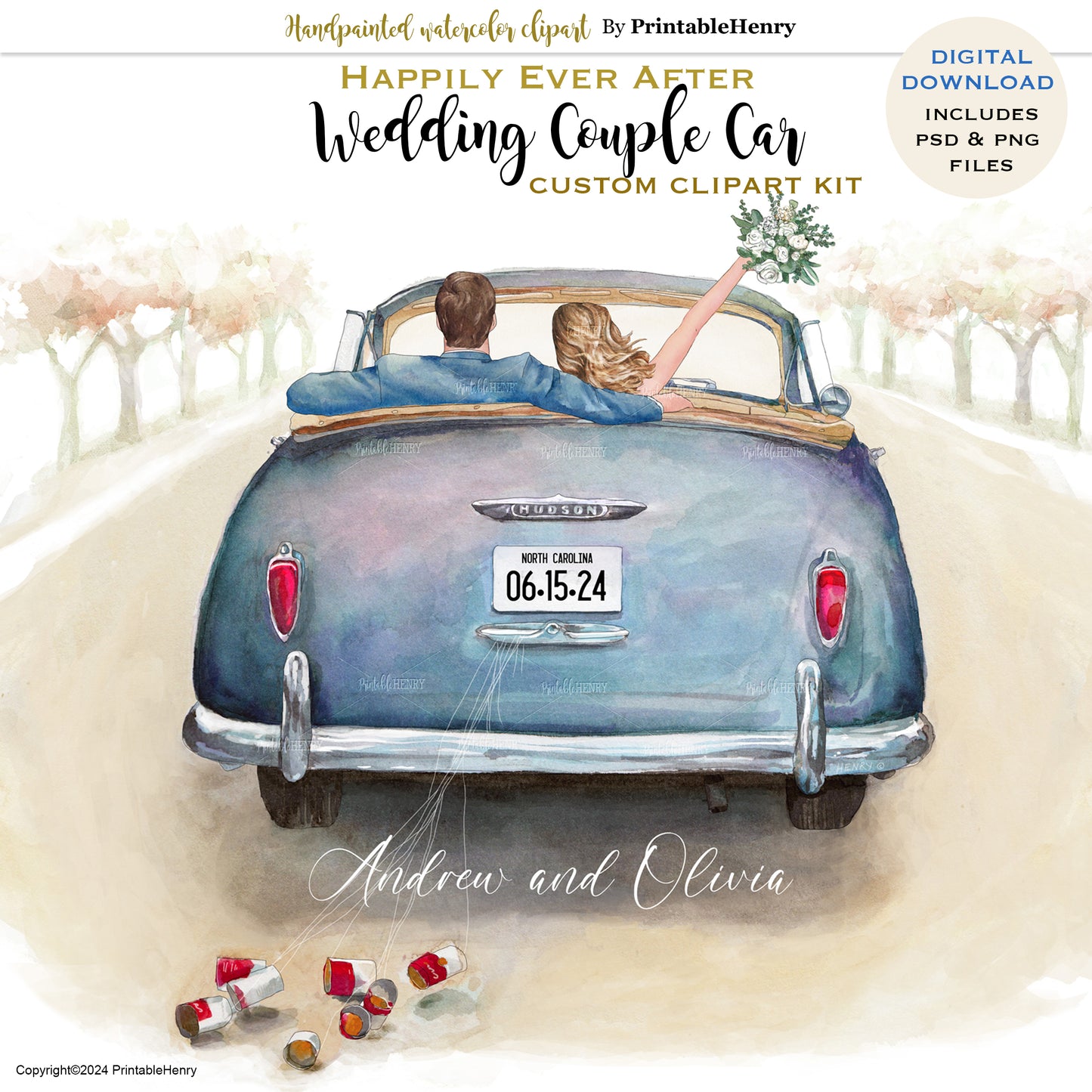 Wedding Couple Drive Away Watercolor clipart