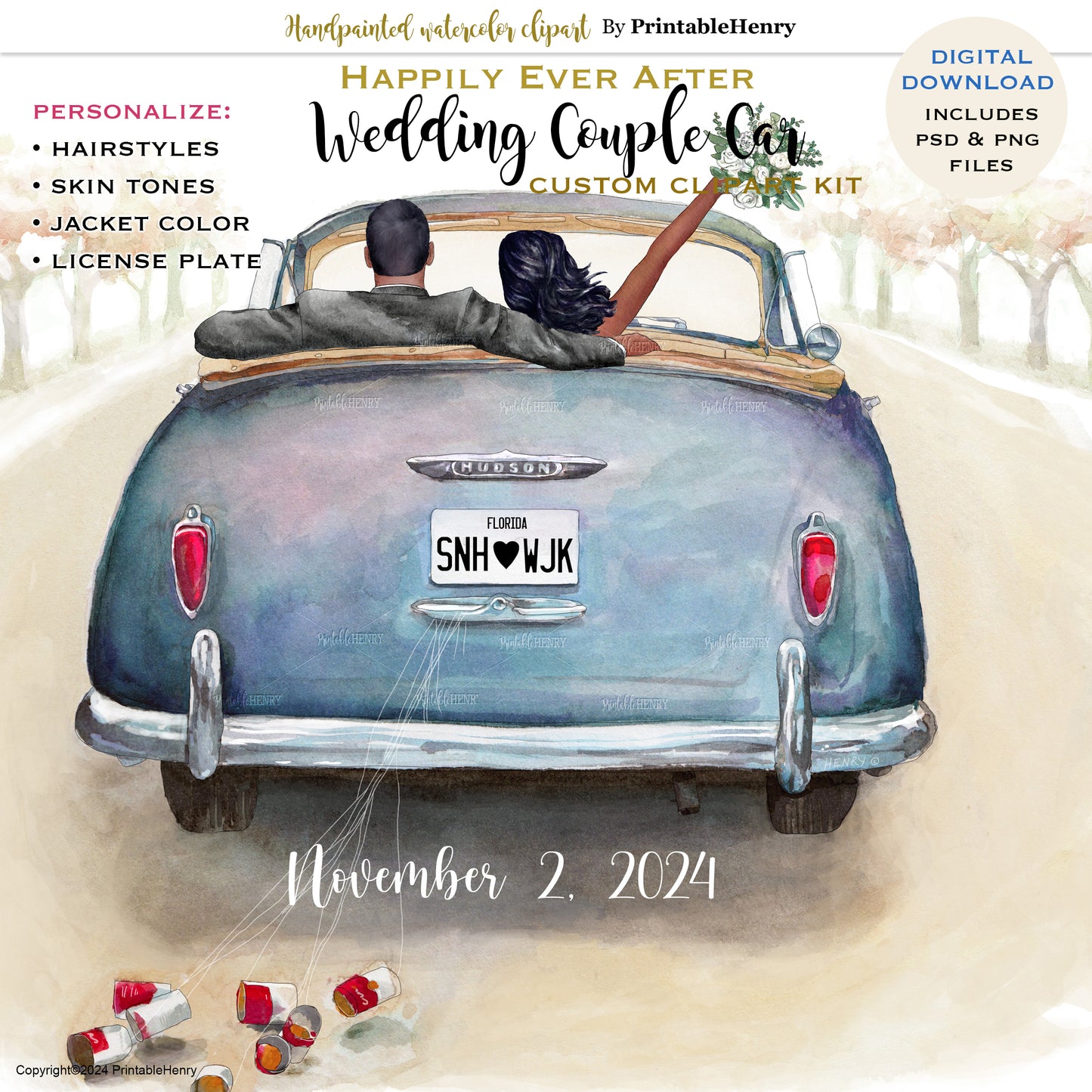 Just Married Car Clipart – Customizable Bride & Groom brown skin