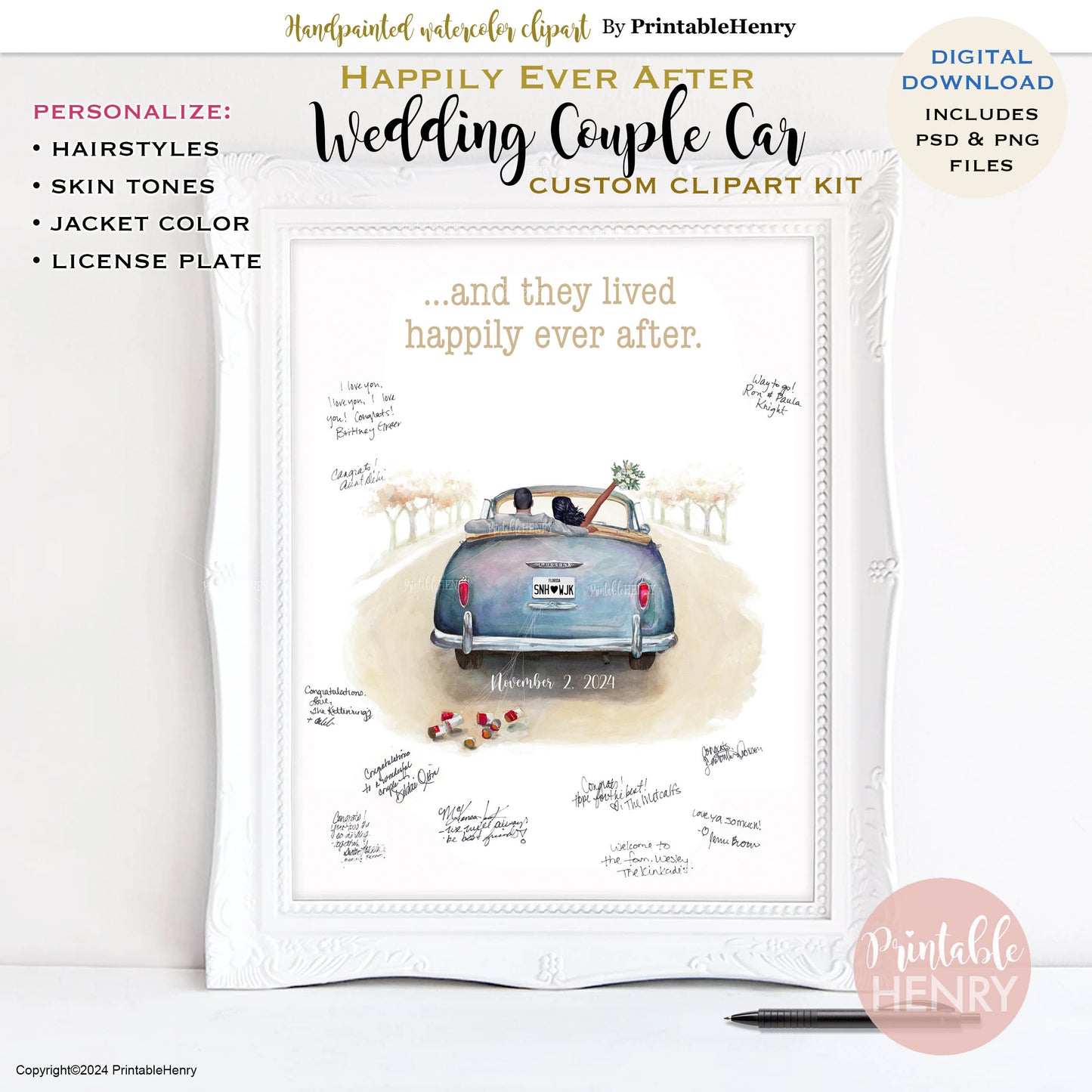 Wedding Couple Drive Away Watercolor clipart