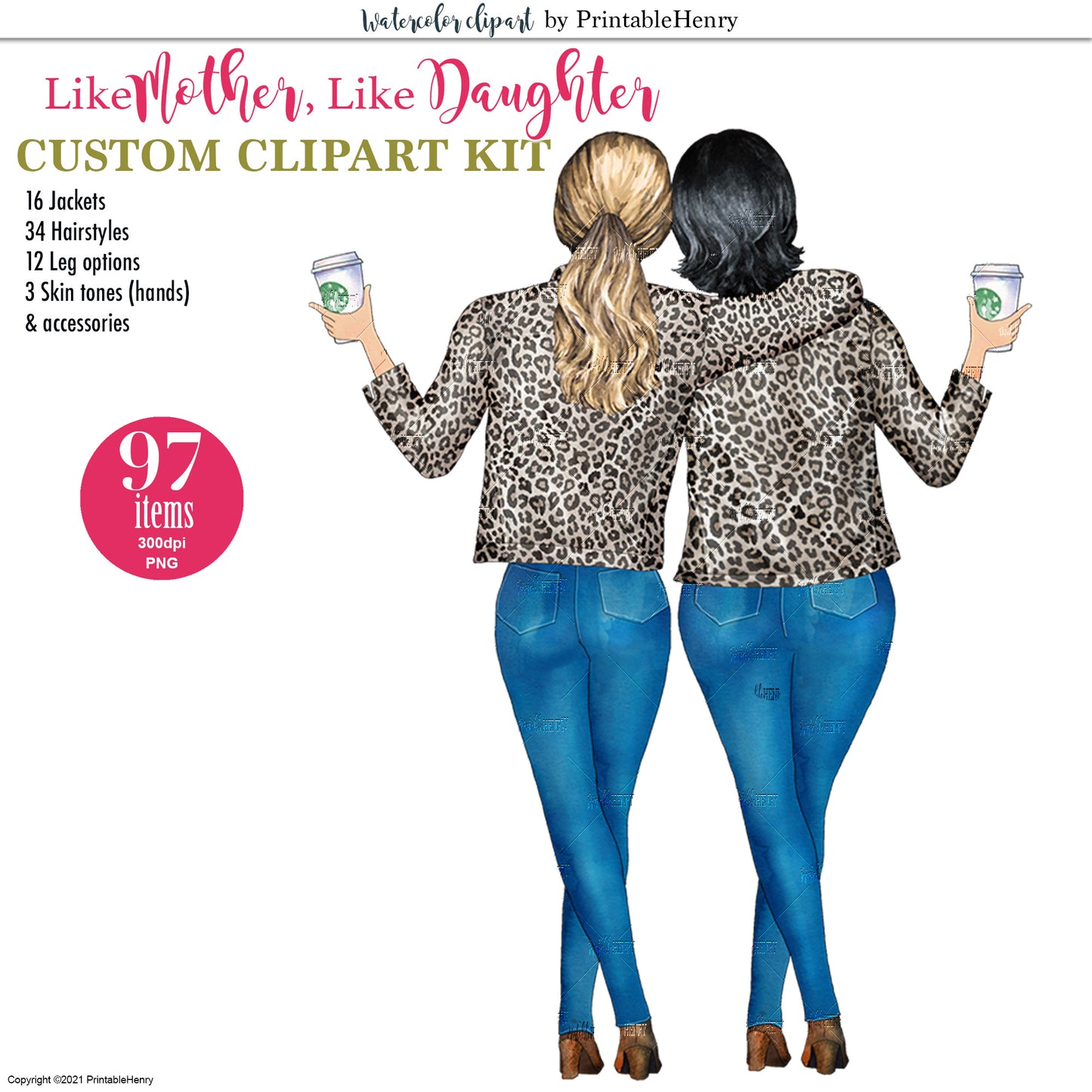 Mother Daughter clipart leopard jacket watercolor women