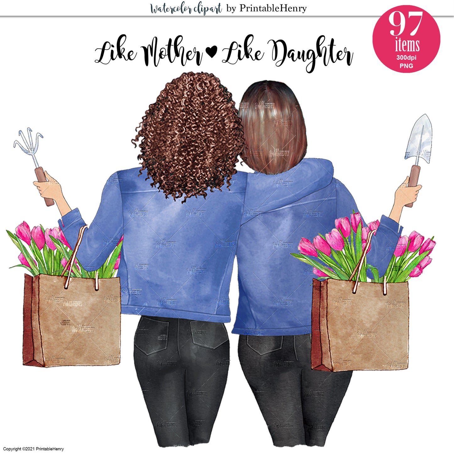 Custom Mother Daughter portrait with gardening tools