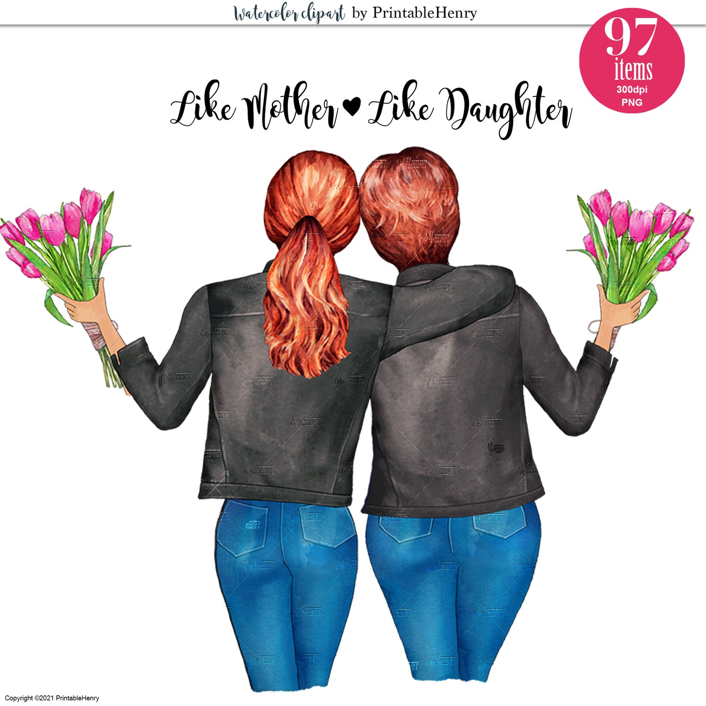 Personalized Mother Daughter portrait watercolor with tulips