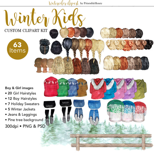 Winter Kids Custom watercolor clipart
