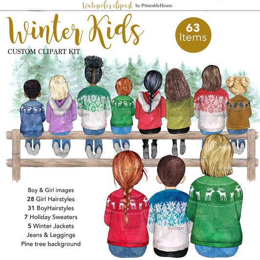 Winter Kids Custom watercolor clipart