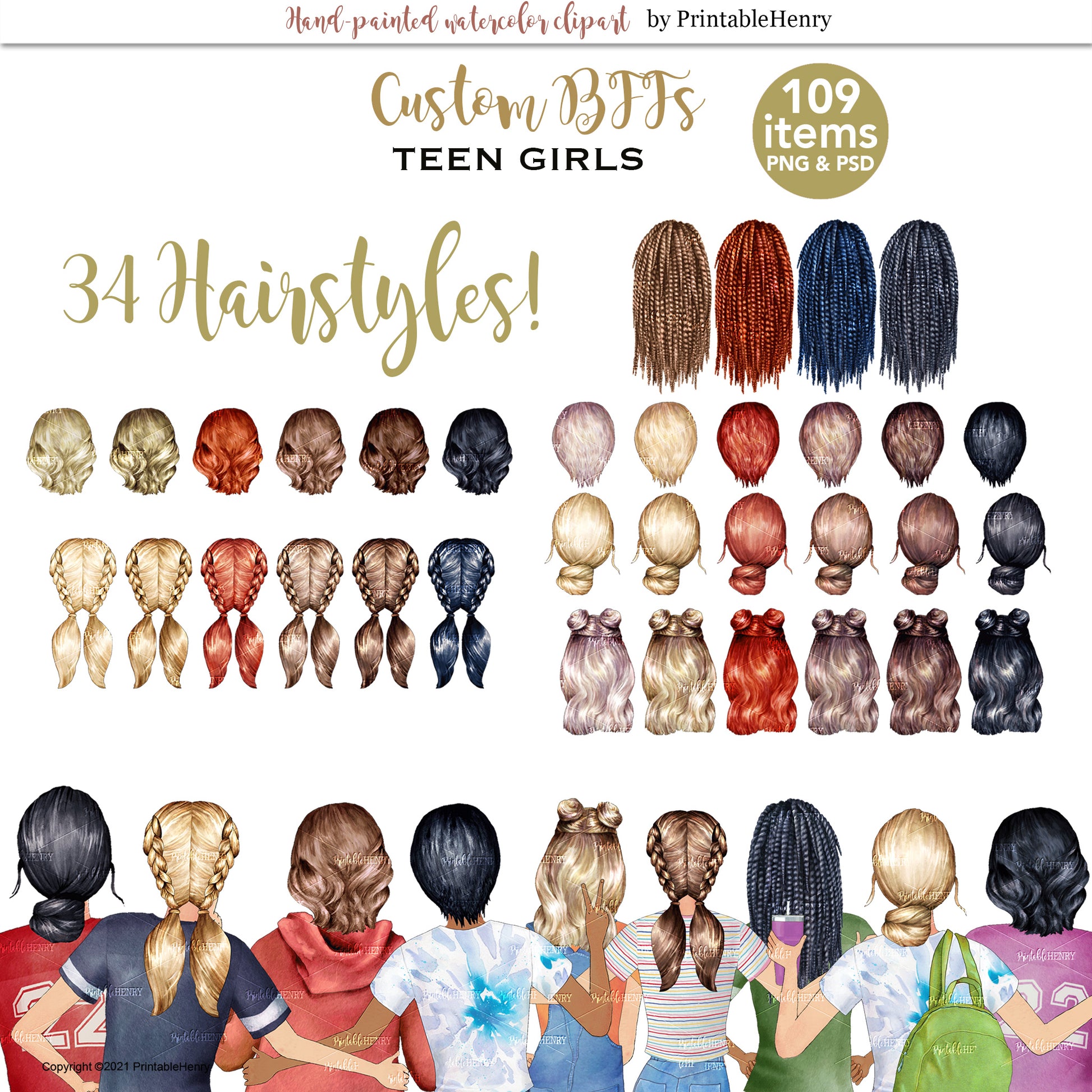 PrintableHenry POD art graphics girls hair clipart