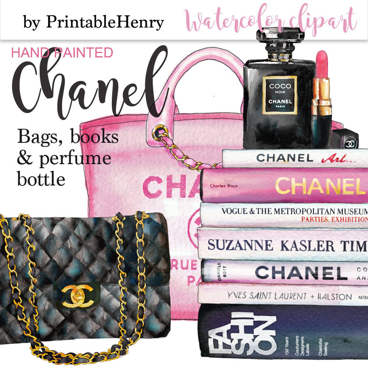 Book, handbags and perfume fashion watercolor clipart png download