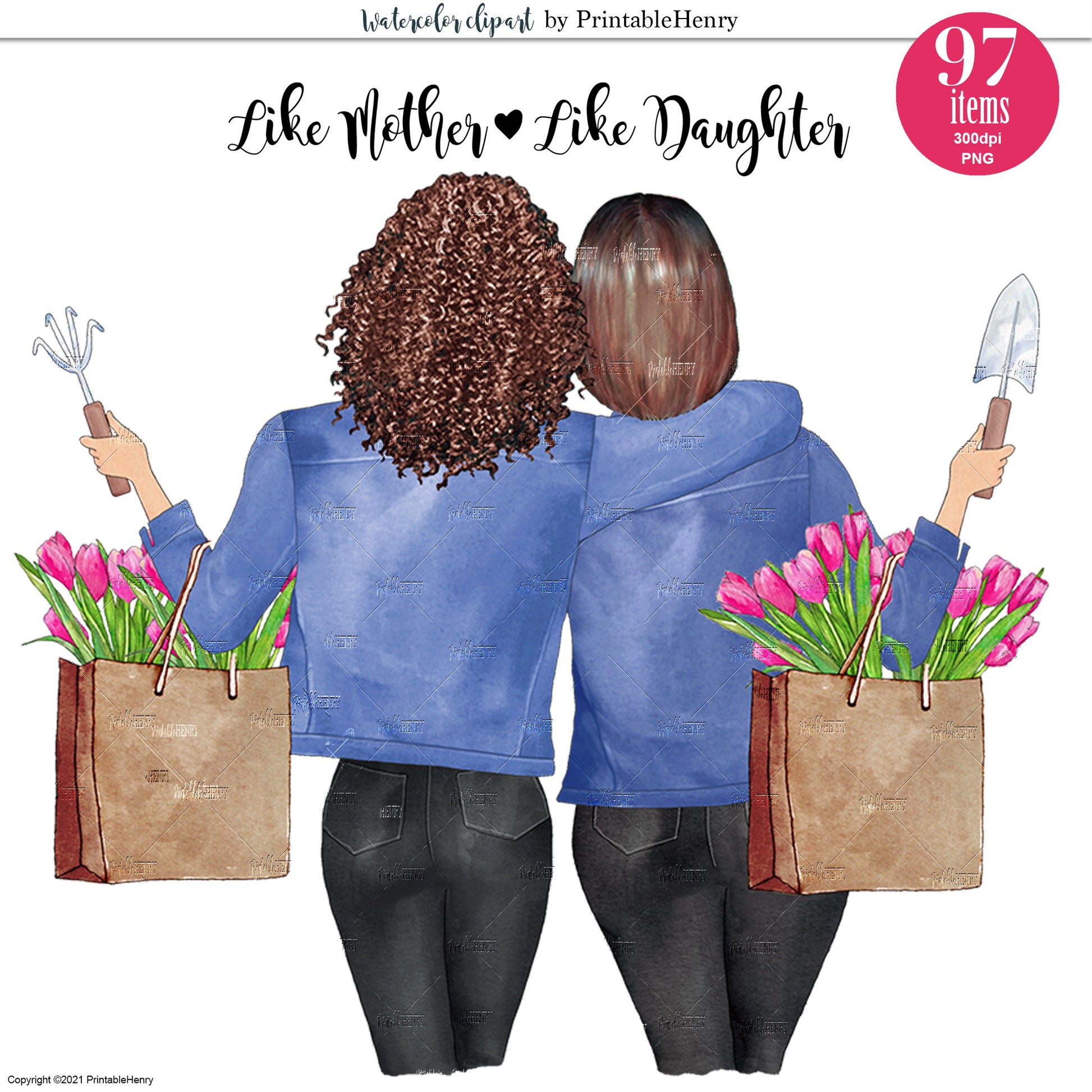 Custom Mother Daughter portrait with gardening tools